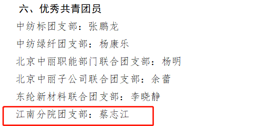 点赞！江南分院青年员工蔡志江被评为“通用技术新材料优秀共青团员”